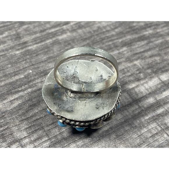 Vintage Atomic Sputnik Ring Blue Cabochon Cluster Silver Tone Size 6 - Picture 6 of 9